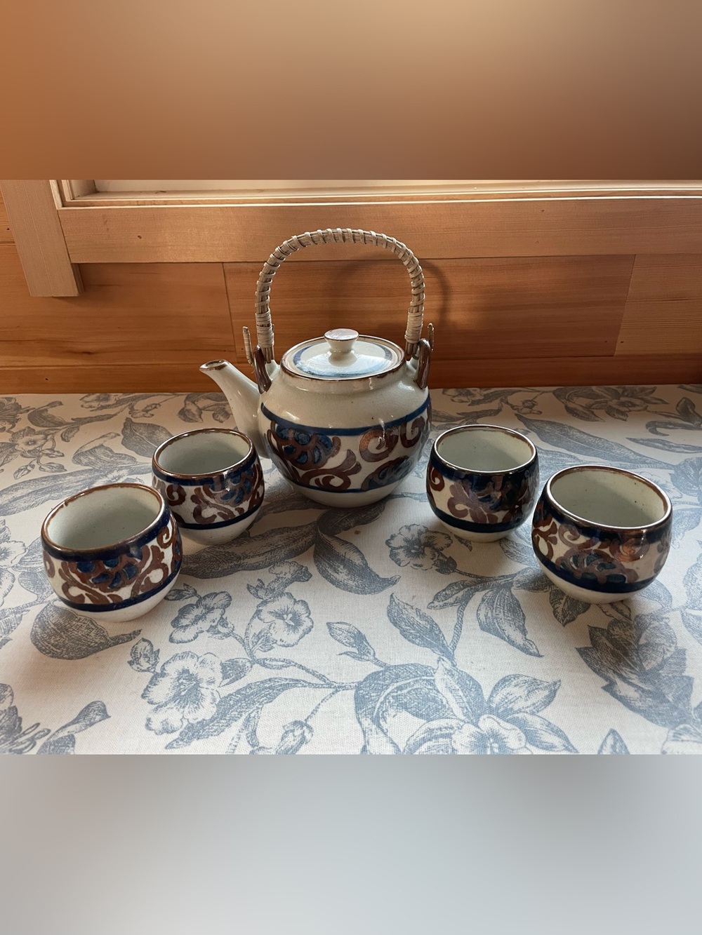 Vintage Otagiri Blue and Brown Floral Ceramic Teapot with Four Cups